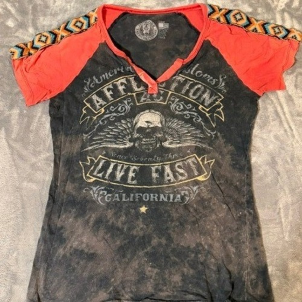 Affliction American Customs‎ Live Fast Skull Raglan Acid Wash Tee Orange Black L